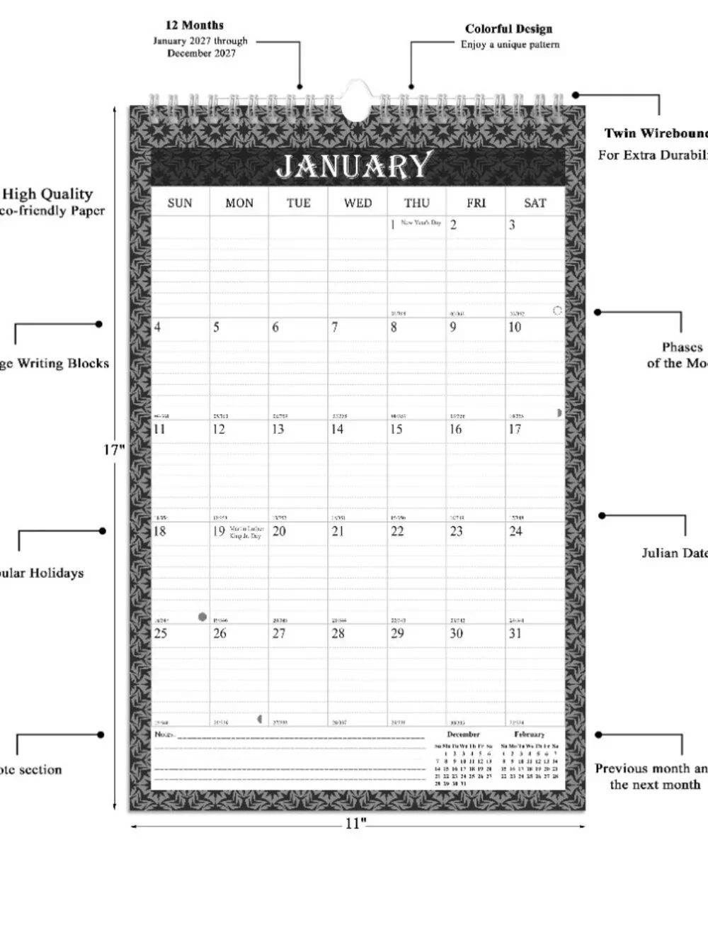 2027 Wall Calendar Spiral-bound Twin-Wire Binding - 12 Months 11